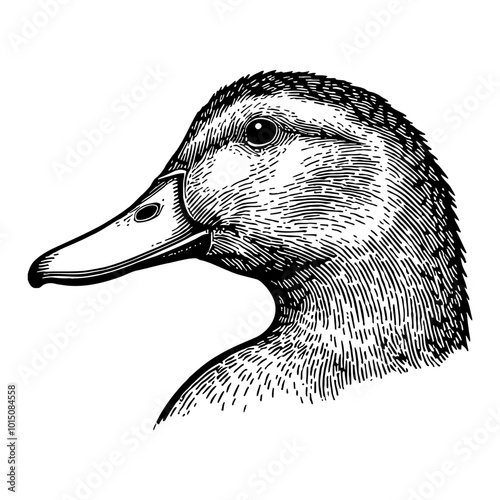Detailed Vintage Duck Head Illustration in Black and White Engraving Art Design