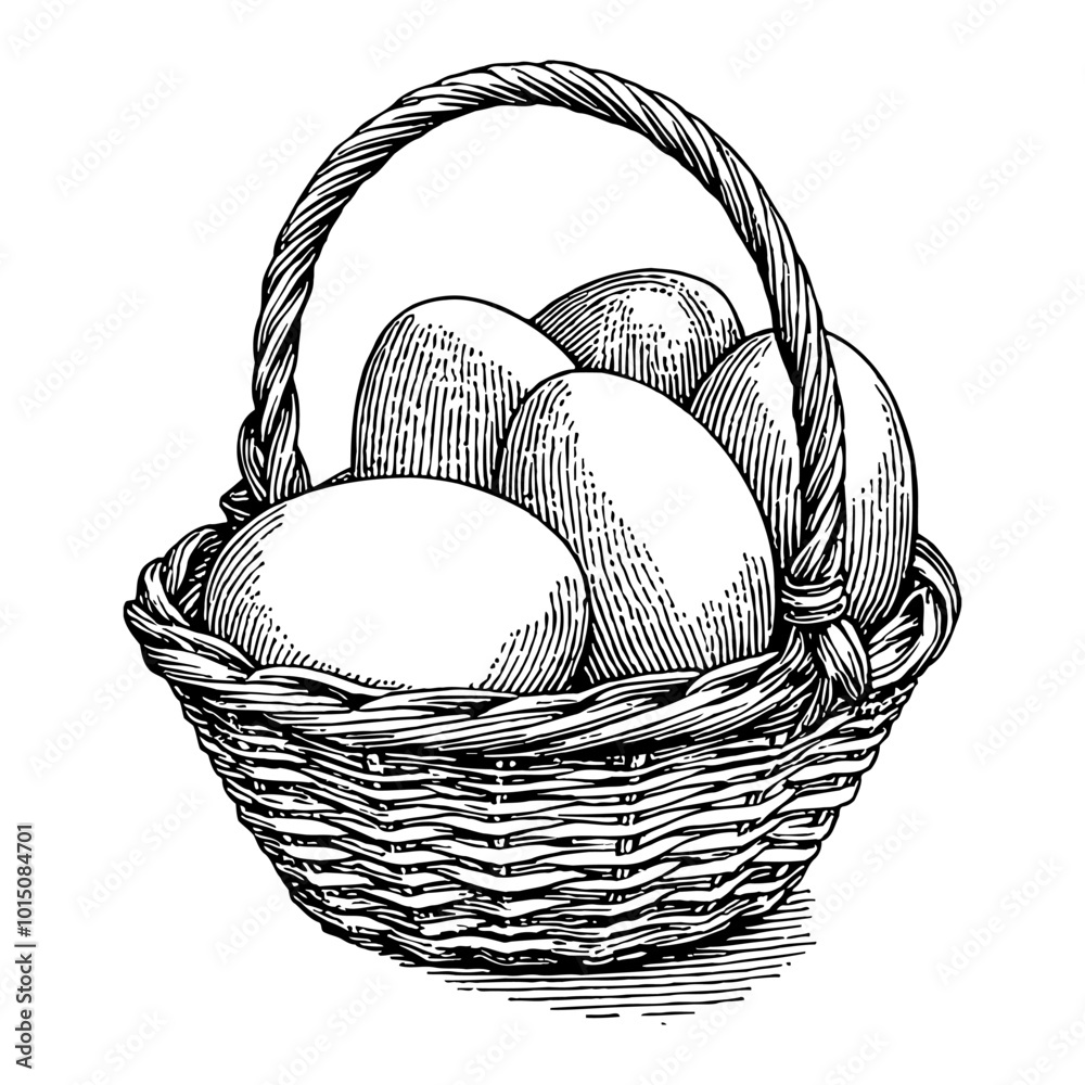 Detailed Vintage Basket Filled with Hand Drawn Easter Eggs in Black and White Illustration