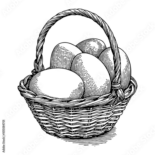Detailed Vintage Basket Filled with Hand Drawn Easter Eggs in Black and White Illustration