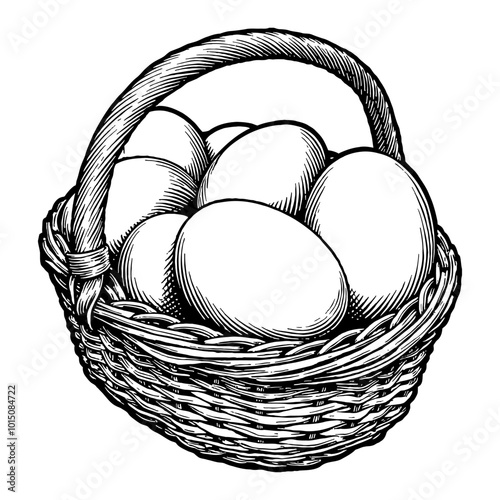 Detailed Antique Eggs in a Hand Drawn Basket Engraving Vintage Illustration in Monochrome