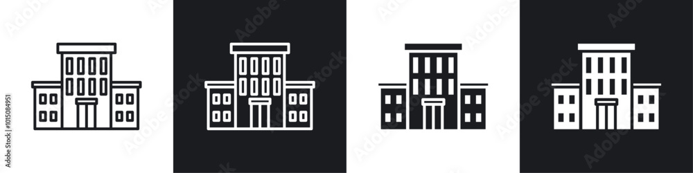 Office buildings icon vector icon set black filled and outlined style. Office buildings icon vector icon set black filled and outlined style.