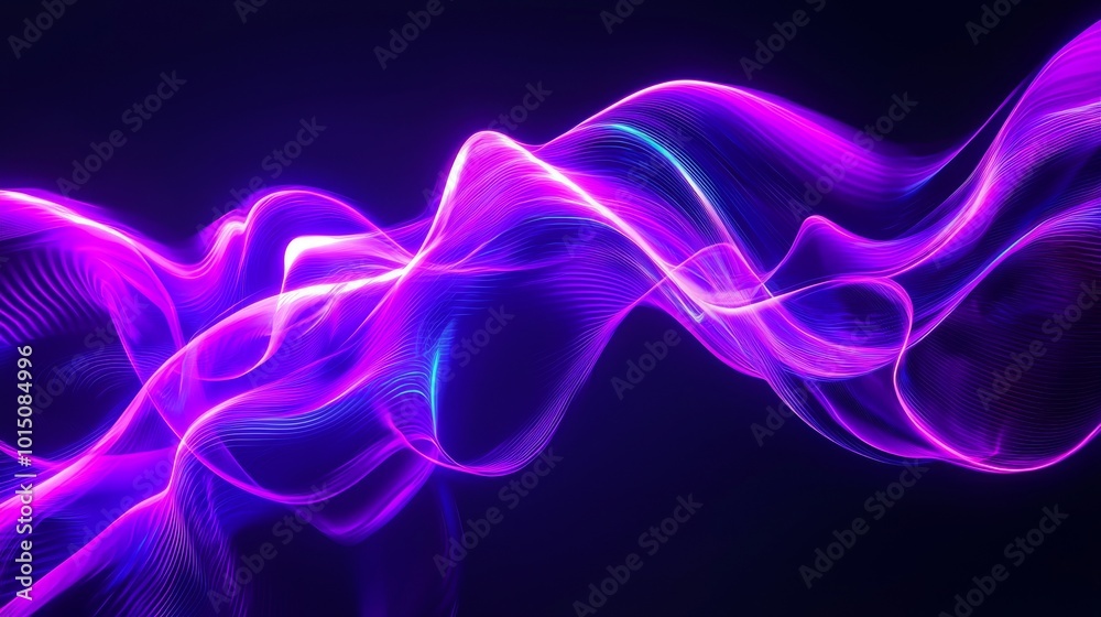 Abstract purple and blue light waves creating a dynamic flow against a dark background. Abstract purple and blue light waves creating a dynamic flow against a dark background.