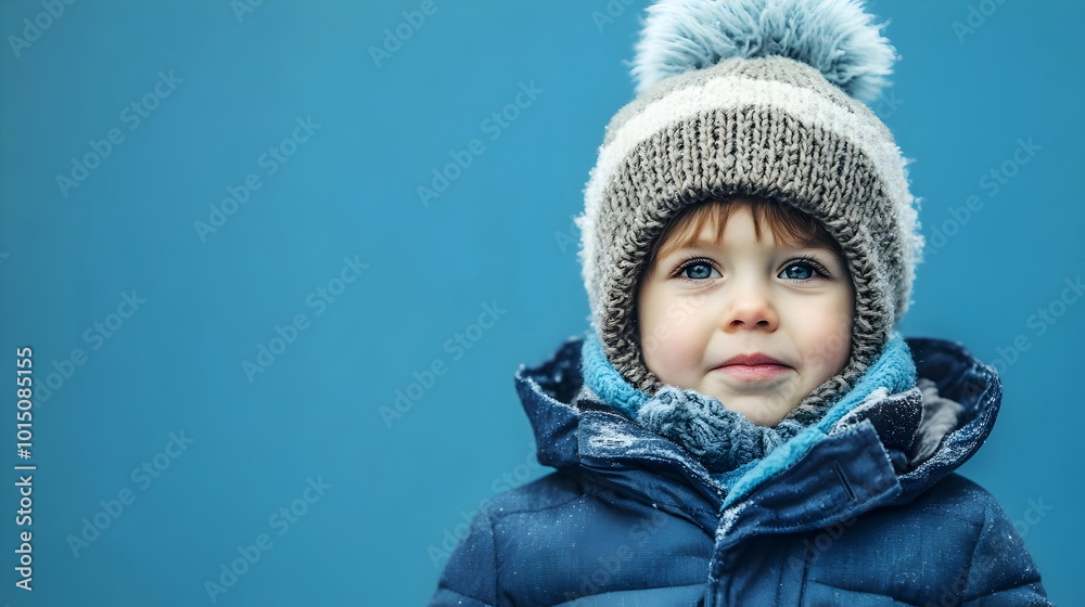 Winter Child Portrait Smiling Hat Outdoor Blue Background Winter Child Portrait Smiling Hat Outdoor Blue Background