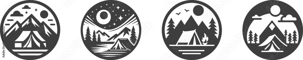 Set of black and white camping logo, icon illustration Set of black and white camping logo, icon illustration
