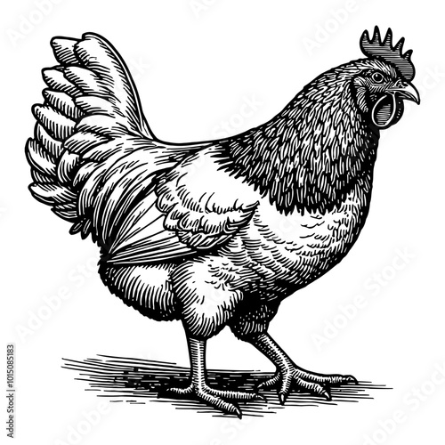 Detailed Black and White Vintage Hen Illustration in Retro Hand Drawn Woodcut Style