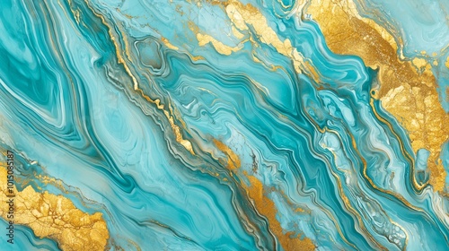 Abstract fluid art featuring turquoise and gold swirls, creating a mesmerizing and elegant visual experience.