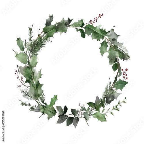Beautiful Watercolor Christmas Wreath with Holly Berries and Pinecones for Festive Decor