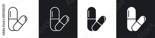 Pill icon vector icon set black filled and outlined style.