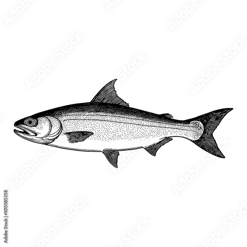 Detailed Black and White Engraving of a Herring Fish in Retro Illustration Style