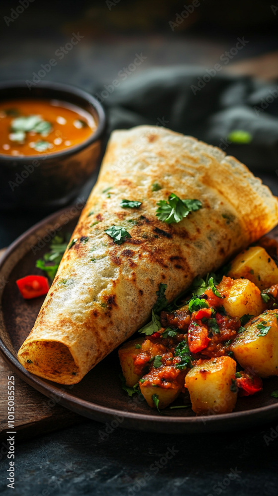 Delicious Dosa with Spiced Potatoes and Sambar Delicious Dosa with Spiced Potatoes and Sambar