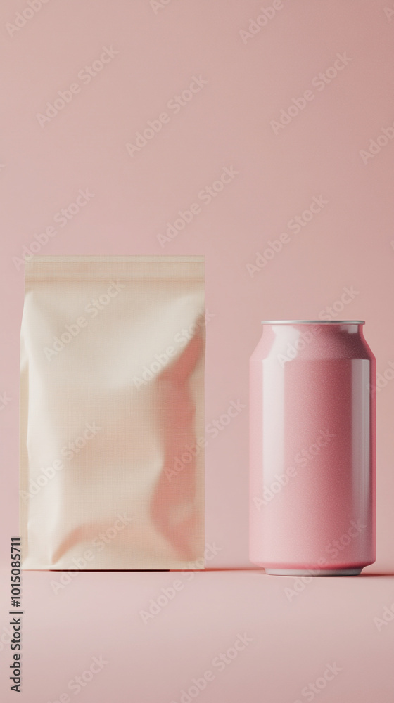 Minimalist Pink Can and Beige Bag on Soft Background Minimalist Pink Can and Beige Bag on Soft Background