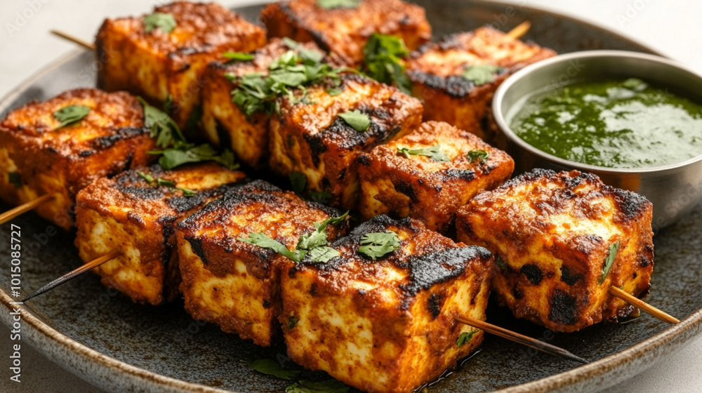 Grilled Paneer Skewers with Green Chutney