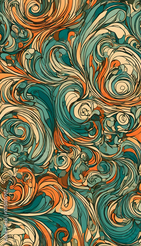 Wallpaper Mural A vibrant abstract pattern featuring swirling shapes in turquoise, orange, red, and green. The design showcases a dynamic interplay of curves and lines, creating a lively and energetic visual effect. Torontodigital.ca