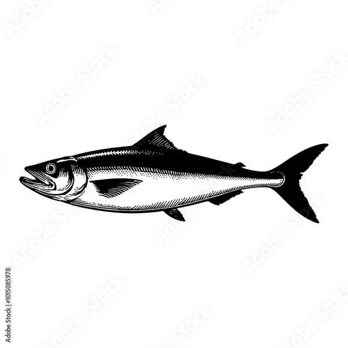 Detailed Black and White Illustration of a Mackerel Fish in Vintage Engraving Style