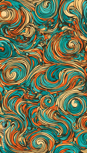 A vibrant abstract pattern featuring swirling shapes in turquoise, orange, red, and green. The design showcases a dynamic interplay of curves and lines, creating a lively and energetic visual effect.