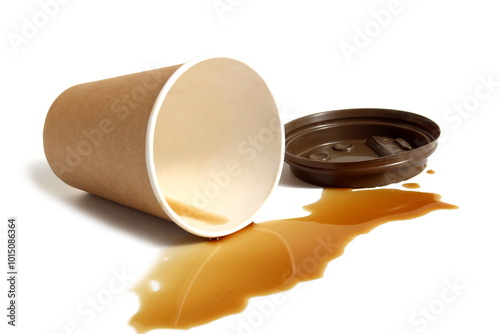 Spilled coffee residue with paper cup lies on white background.