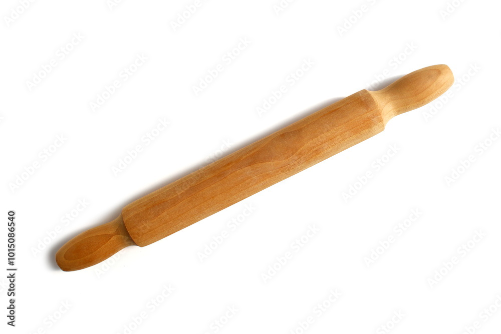 Wooden kitchen rolling pin lies on a white background. Wooden kitchen rolling pin lies on a white background.