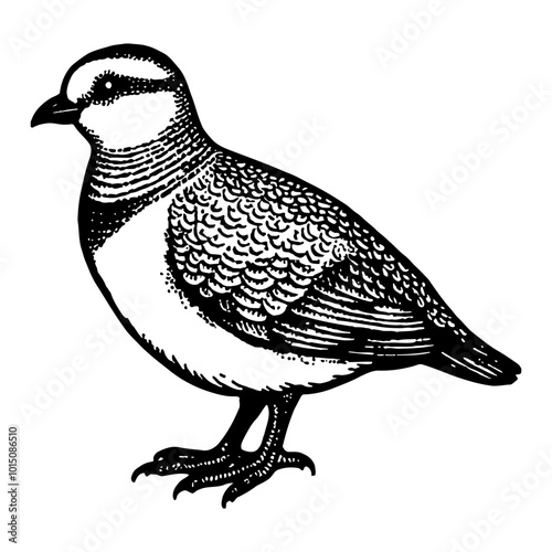Detailed Black and White Illustration of a Quail in Profile View Engraved Vintage Style
