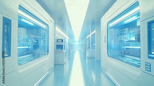 High-Tech Laboratory Interior with Blue and White Color Scheme. AI generated illustration