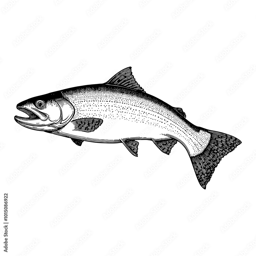 Obraz premium Detailed Vintage Engraving of Salmon Fish in Black and White Retro Hand Illustration