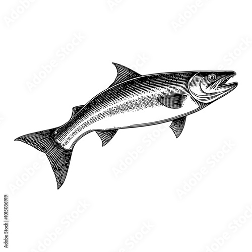 Detailed Vintage Illustration of a Sardine Fish in Black and White Engraved Style Art