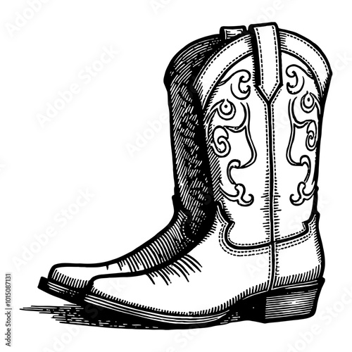 Detailed Illustration of Vintage Cowboy Boots in Black and White Engraved Graphic Design