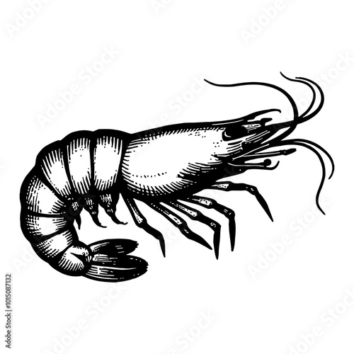 Side View of Detailed Antique Shrimp or Prawn Illustrated in Black and White Engraving Art