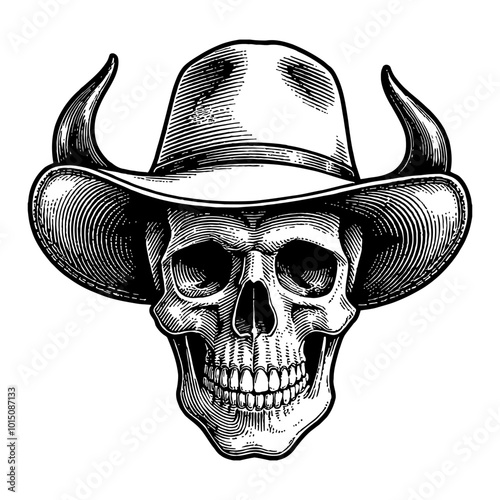 Detailed Vintage Skull Wearing Cowboy Hat and Guns Engraving Illustration in Black and White