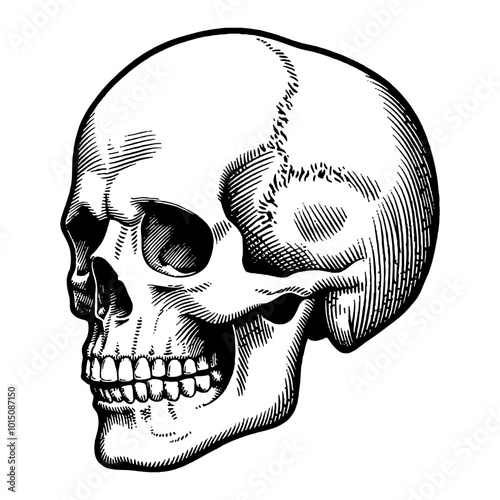 Detailed Vintage Skull Head Illustration in Black and White Retro Engraving Style Art