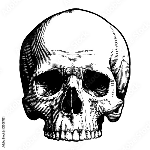 Detailed Front View of a Skull Head in Retro Black and White Hand Drawn Engraving Illustration