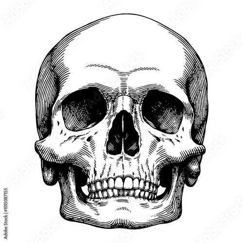 Detailed Front View of a Skull Head in Vintage Black and White Hand Drawn Ink Illustration
