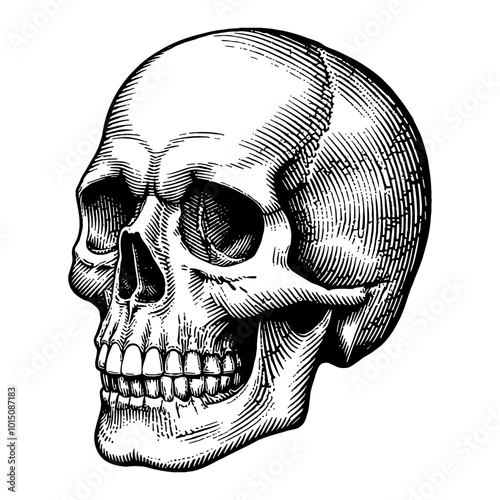 Detailed Black and White Skull Head Illustration with Vintage Retro Engraving Style Art