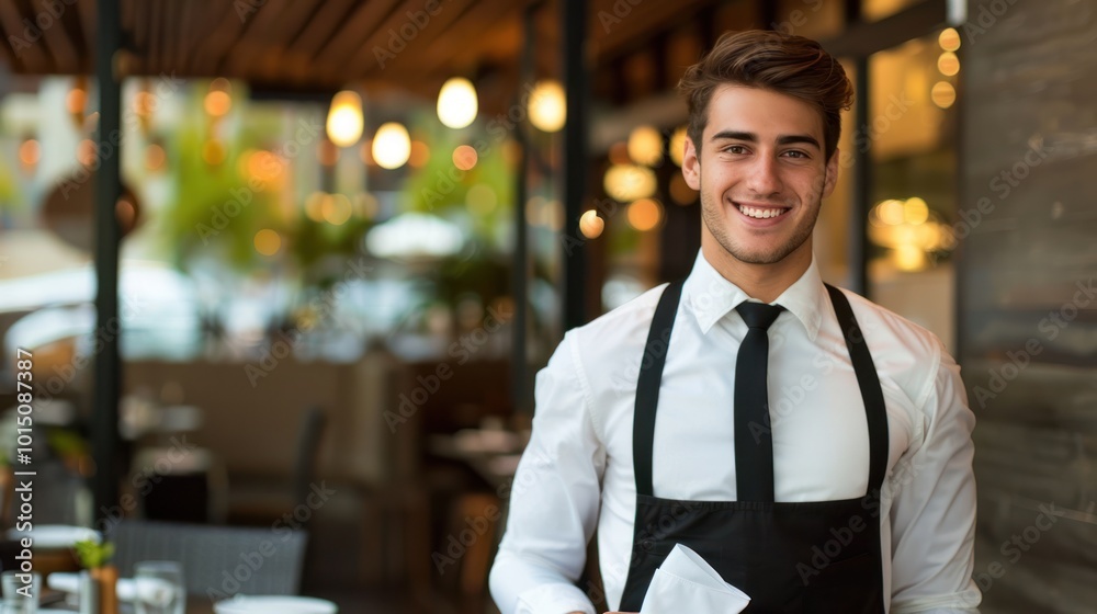 A Smiling Waiter in a Restaurant Setting A Smiling Waiter in a Restaurant Setting