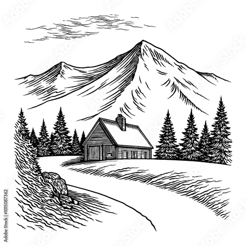 Hand Drawn Illustration of Snowy Mountains and Cabin in Detailed Black and White Engraving