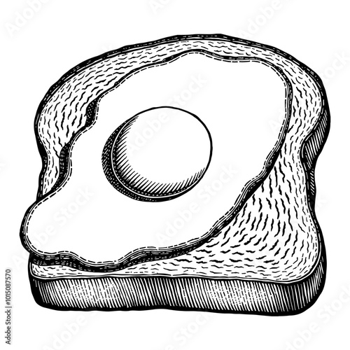 Hand Drawn Vintage Illustration of Sunny Side Up Egg on Toast Detailed Black and White Art