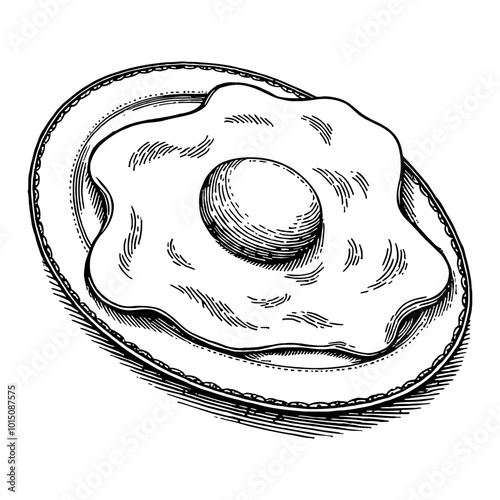 Detailed Vintage Illustration of a Sunny Side Up Egg on a Decorative Plate in Black and White