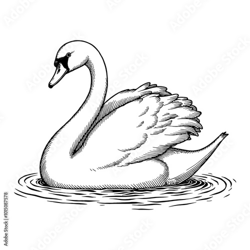 Detailed Pen Ink Drawing of a Vintage Swan Swimming on Water in Black and White Illustration