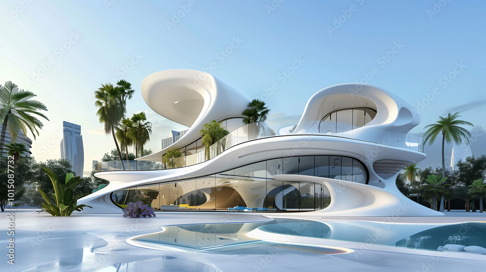 3d render of abstract art architecture building in futuristic modern organic curve and wavy lines formas based on glass and white glossy plastic materials with palm trees and skyscrapers on the back 3d render of abstract art architecture building in futuristic modern organic curve and wavy lines formas based on glass and white glossy plastic materials with palm trees and skyscrapers on the back