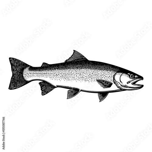 Detailed Black and White Engraving of a Trout Fish Side View in Vintage Art Style Illustration