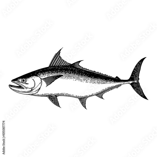 Detailed Black and White Vintage Tuna Fish Illustration in Retro Engraving Style