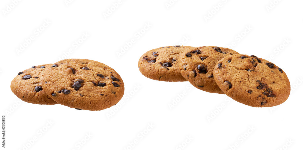 Chocolate chip cookies isolated. Round chocolate chip cookies isolated on white background. Chocolate chip cookies isolated. Round chocolate chip cookies isolated on white background.