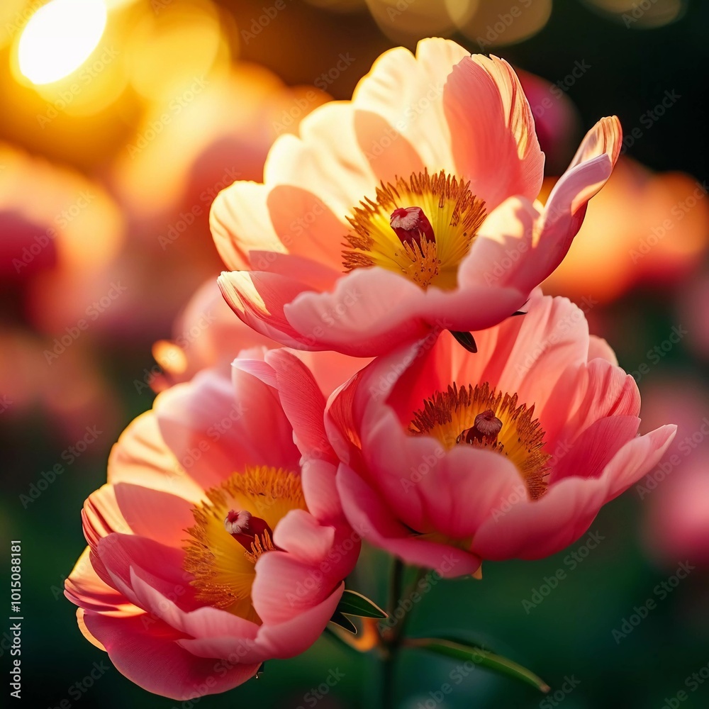 A field of tulips basks in the golden sunlight of dusk, showcasing vibrant shades of pink and yellow as the flowers open wide. The scene captures the essence of spring's beauty. Generative AI