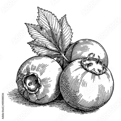 Intricately Detailed Black and White Vintage Engraving of Blueberries with Leaves Illustration