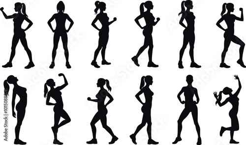 Set or collection of various woman sports exercising silhouettes.