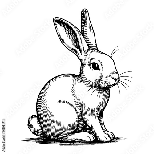 Detailed Black and White Vintage Illustration of a Rabbit in Engraved Ink Drawing Style