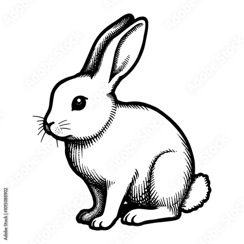 Detailed Vintage Bunny Side View in Black and White Retro Ink Drawing Illustration