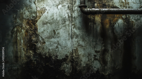 Grimy textured wall with peeling paint and rusted pipe, showcasing water stains and decay in an industrial setting