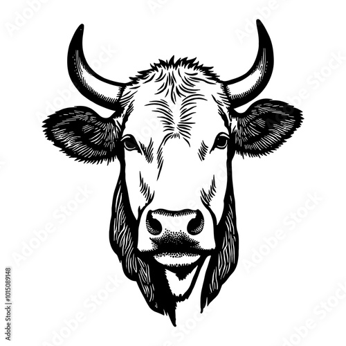 Detailed Black and White Vintage Cow Head Illustration with Engraved Features and Design