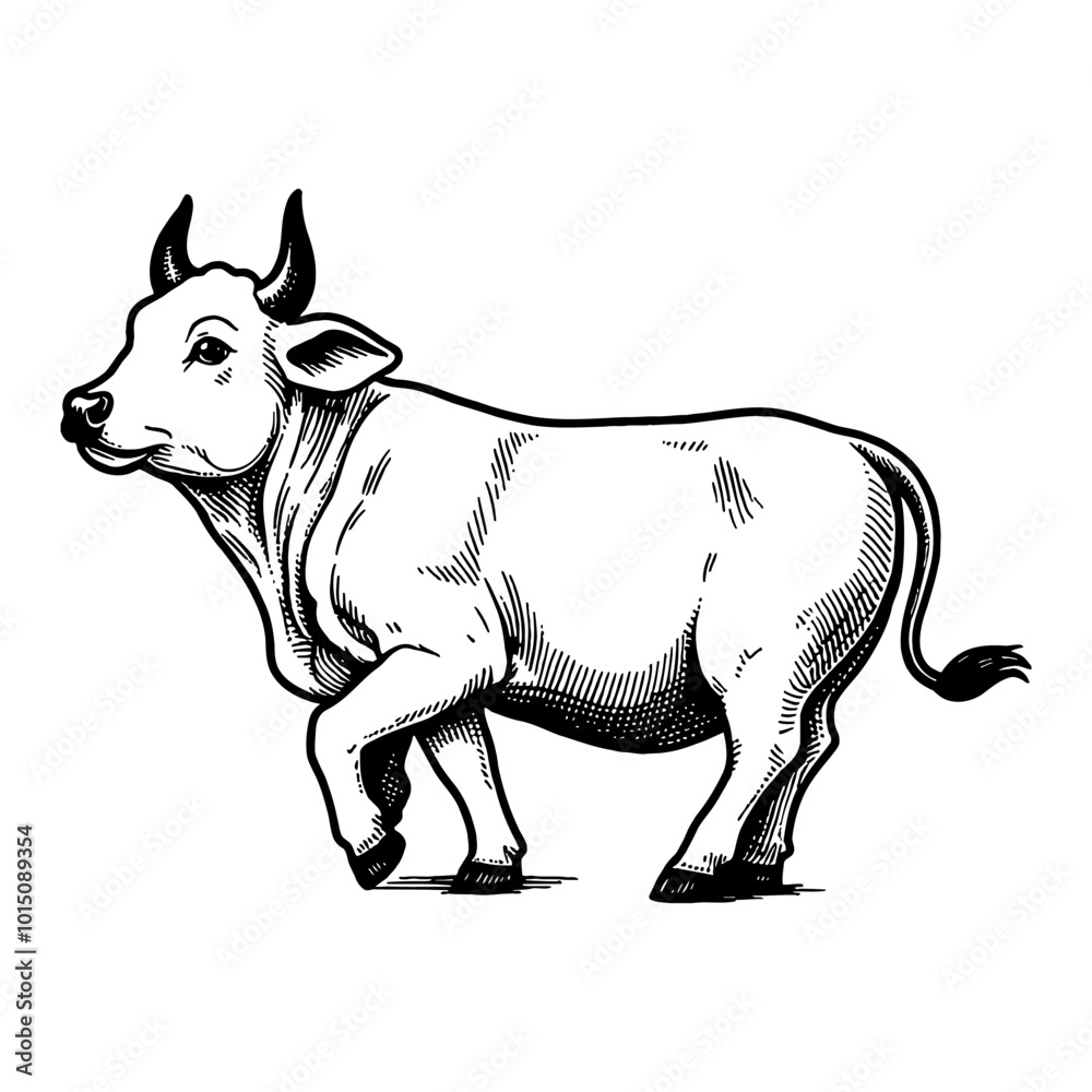 Fototapeta premium Cute Baby Bull Side View Illustrated in Detailed Black and White Retro Woodcut Style