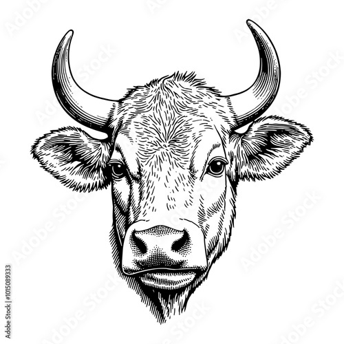 Detailed Vintage Illustration of a Cute Baby Bull Head in Black and White Engraving Style